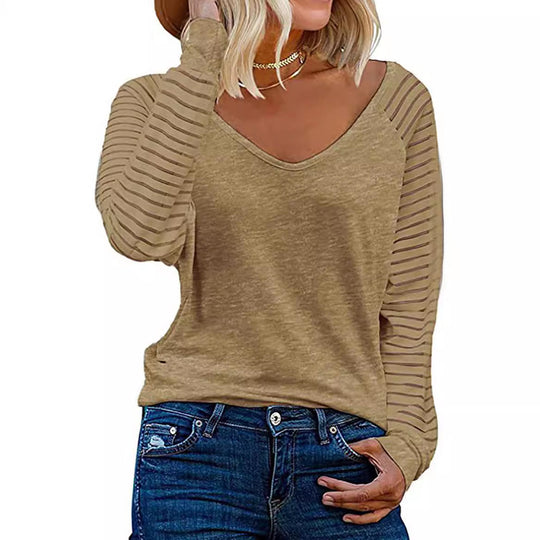 Damen Langärmliges V-Ausschnitt Shirt mit gestreiften Ärmeln