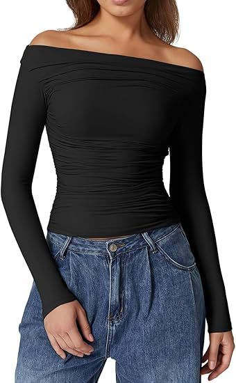Damen Schulterfreies tailliertes Stretch-Longsleeve mit Raffung und figurbetonter Silhouette Shop Nory