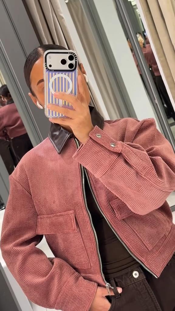 Damen Kurze Cordjacke mit kontrastierendem Lederkragen, Oversize-Silhouette und Metallreißverschluss Shop Nory