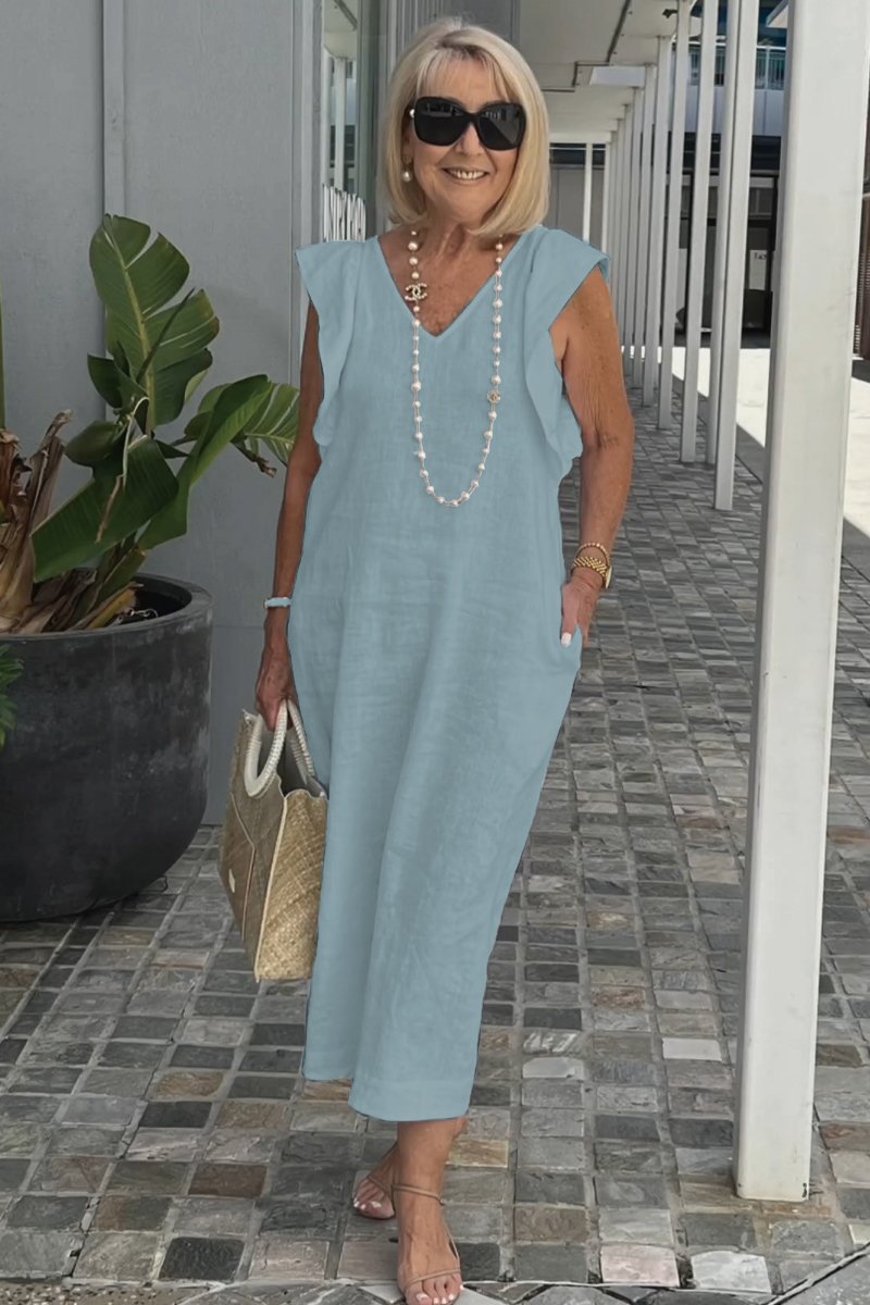 Damen Maxikleid mit V-Ausschnitt und angeschnittenem Ärmel