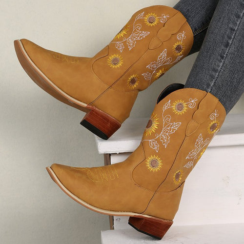 Damen Western-Stiefel mit bestickten Sonnenblumen und komfortablem Blockabsatz Shop Nory