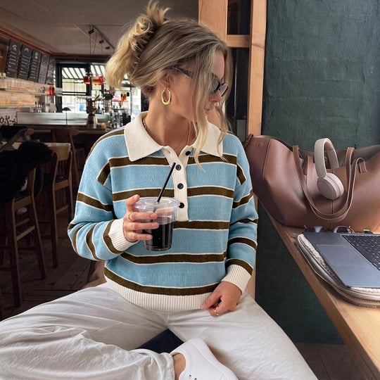 Damen Lässiges Streifenpullover mit Polokragen Shop Nory