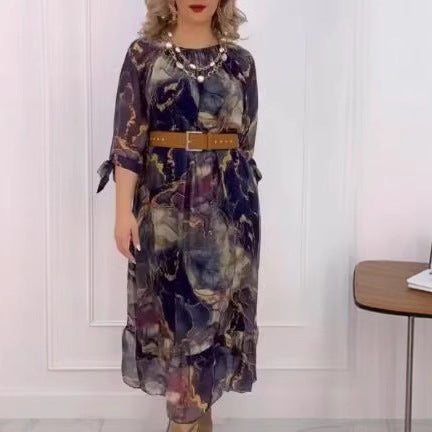 Damen Elegantes Chiffon Maxikleid mit floralen Akzenten, gestuftem Rock und 3/4-Ärmeln Shop Nory
