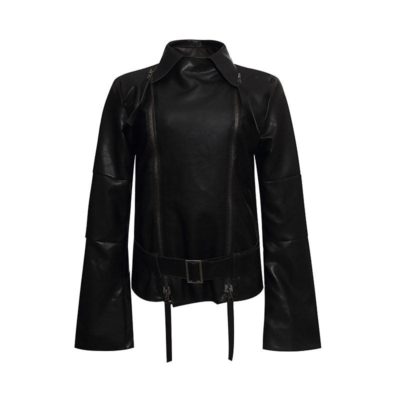 Damen Kunstleder-Bondagejacke mit verlängerten Ärmeln, Doppel-Reißverschlüssen und Taillengürtel Shop Nory