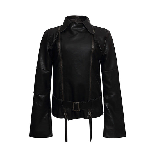 Damen Kunstleder-Bondagejacke mit verlängerten Ärmeln, Doppel-Reißverschlüssen und Taillengürtel Shop Nory