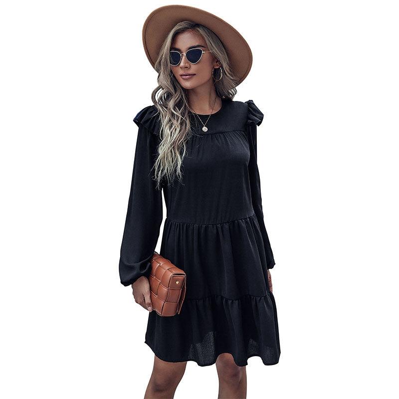 Damen A-Linien Stufenkleid mit langen Ärmeln und zarten Rüschen Shop Nory
