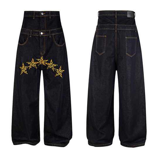 Damen Hochtaillierte weite Jeanshose mit dekorativer Sternstickerei Shop Nory