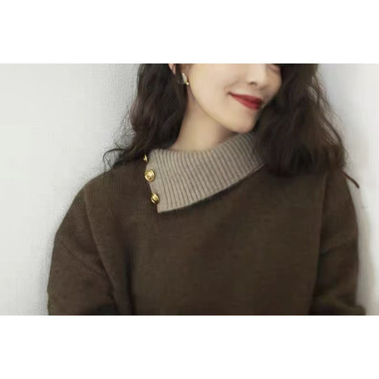 Damen Kurzgeschnitteter Pullover mit asymmetrischem Knopf‑Mockneck und Ballonärmeln Shop Nory