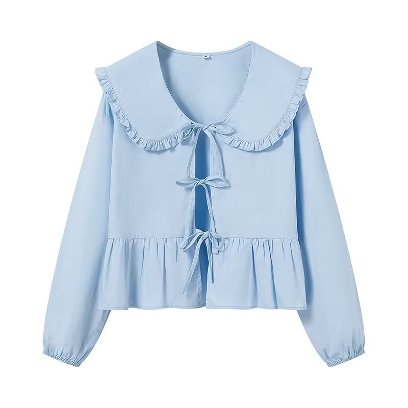 Damen Rüschige Cropped-Bluse mit übergroßem Kragen, Bindebändern und tailliertem Peplum Shop Nory