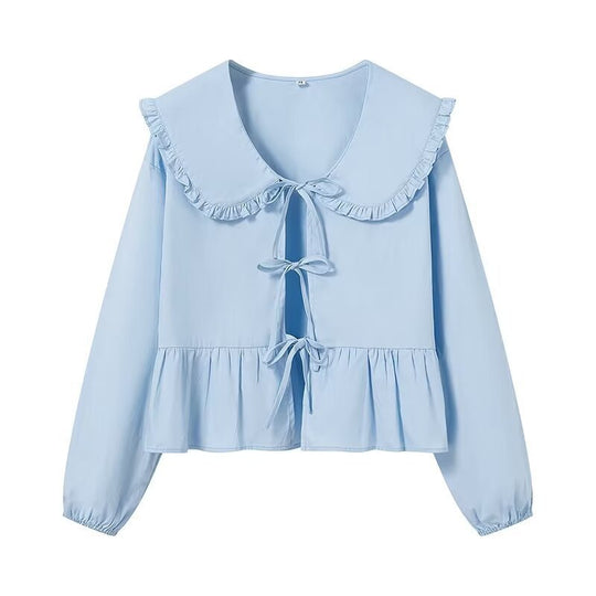 Damen Rüschige Cropped-Bluse mit übergroßem Kragen, Bindebändern und tailliertem Peplum Shop Nory