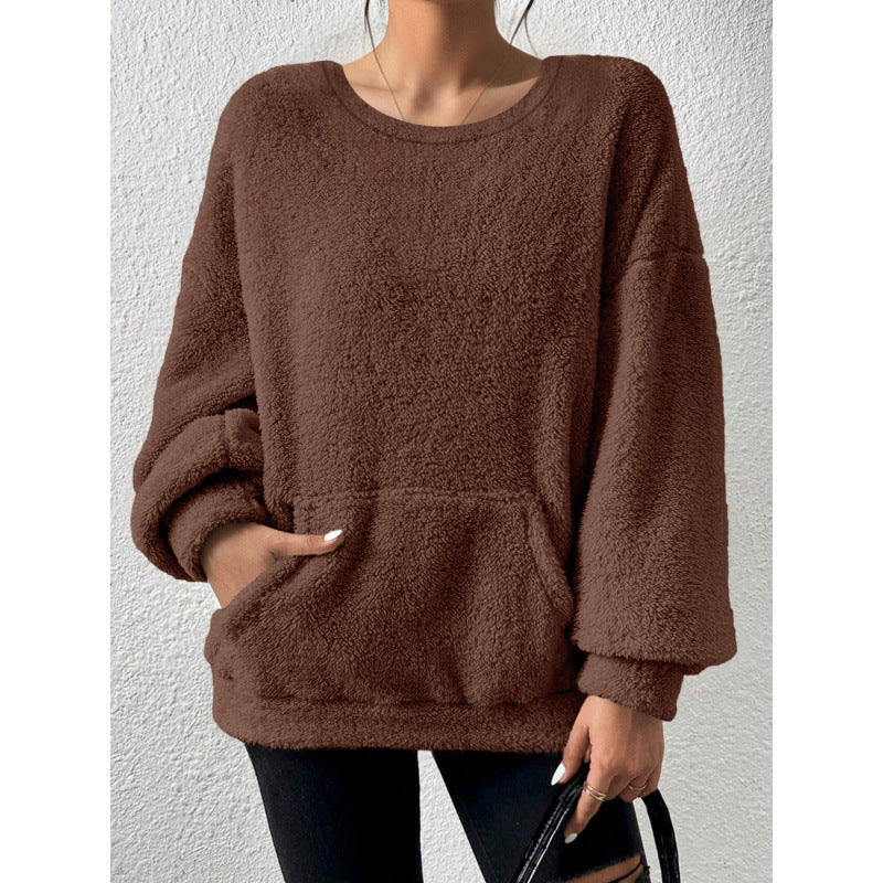 Damen Kuscheliger Oversize-Sherpa-Pullover mit Kängurutasche und Ballonärmeln Shop Nory