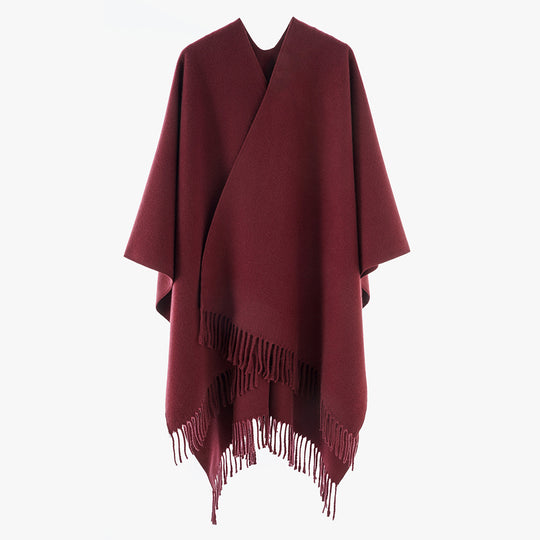 Damen Minimalistischer Wickel‑Capeponcho aus Wollmix mit V‑Ausschnitt und zartem Fransensaum Shop Nory