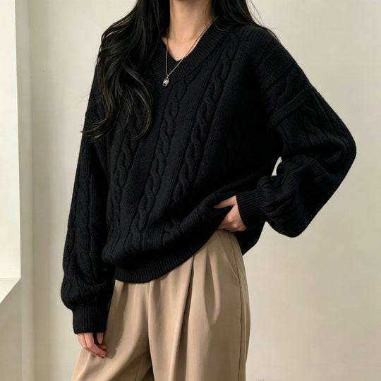 Damen Oversize Zopfmuster V-Ausschnitt Strickpullover mit überschnittener Schulter Shop Nory