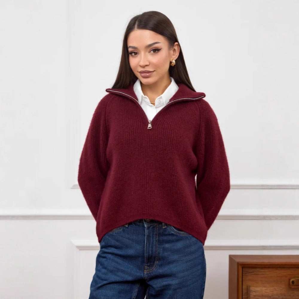 Damen Modischer Strickpullover mit Stehkragen und kurzer Reißverschluss Shop Nory