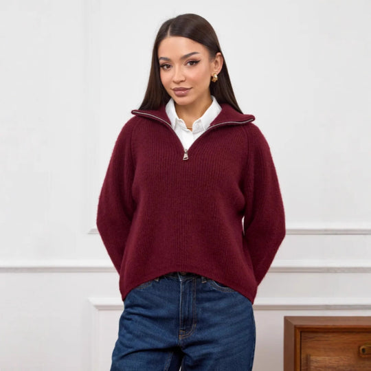 Damen Modischer Strickpullover mit Stehkragen und kurzer Reißverschluss Shop Nory