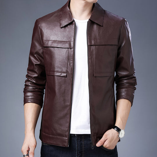Herren Slim‑Fit Lederoptik-Truckerjacke mit Hemdkragen, verdecktem Reißverschluss und Pattentaschen Shop Nory