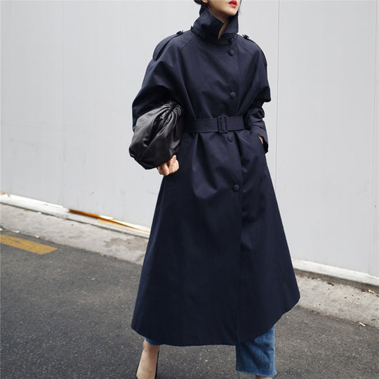 Damen Langgeschnittener Trenchcoat mit Taillengürtel und Stehkragen Shop Nory