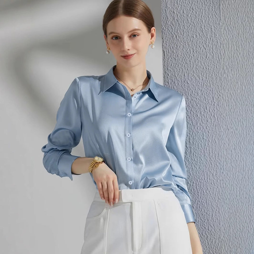 Damen Luxus Satin-Bluse mit elegantem Kragen und weichen Ärmeln