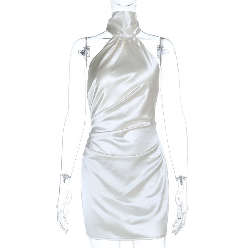 Damen kurzes Satin-Halterkleid mit raffiniertem Wickeldesign