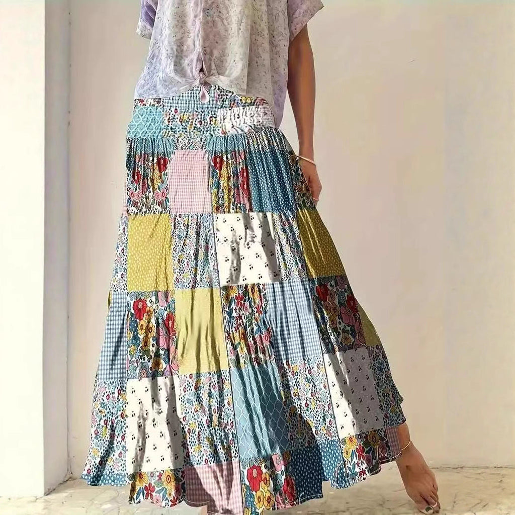 Damen Maxirock im Patchwork-Design mit elastischem Bund und fließendem Schnitt