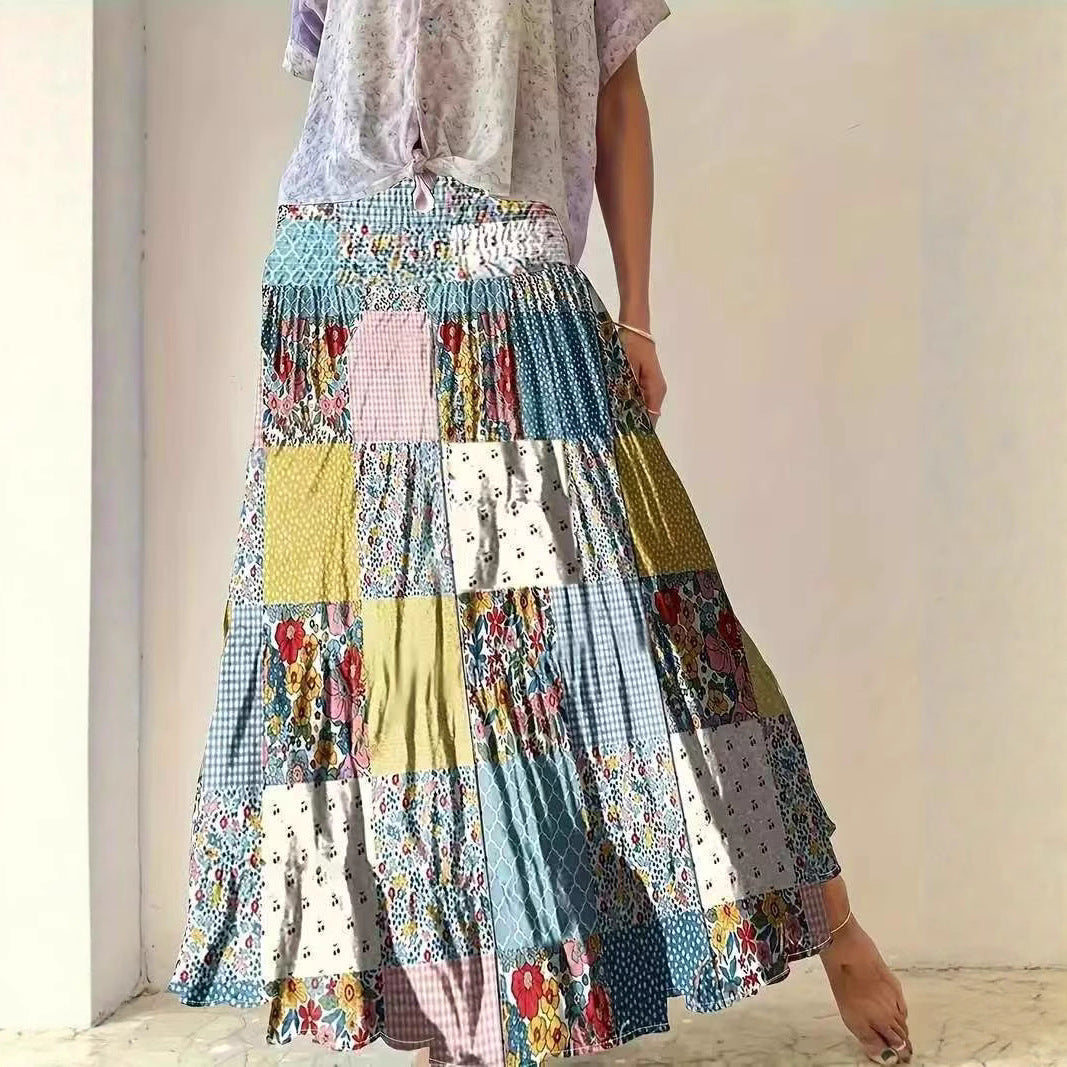 Damen Maxirock im Patchwork-Design mit elastischem Bund und fließendem Schnitt