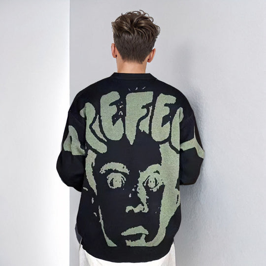 Herren Oversized Grafik‑Intarsienpullover mit tiefem Rückmotiv und Rundhalsausschnitt Shop Nory