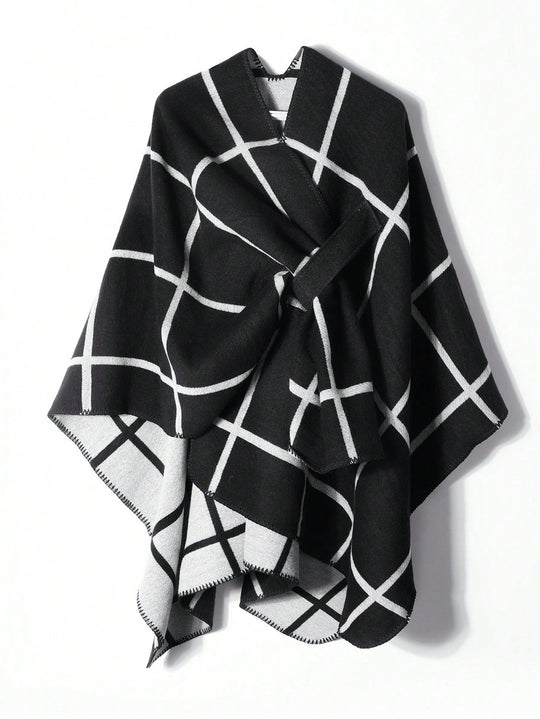 Damen Offener Wollmix-Poncho im Cape‑Stil mit dezentem Karomuster Shop Nory