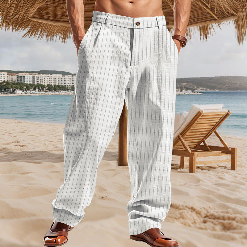 Herren nan weite Nadelstreifen-Sommerhose mit Bundfalte, lässigem Taper und elastischem Knöchelabschluss