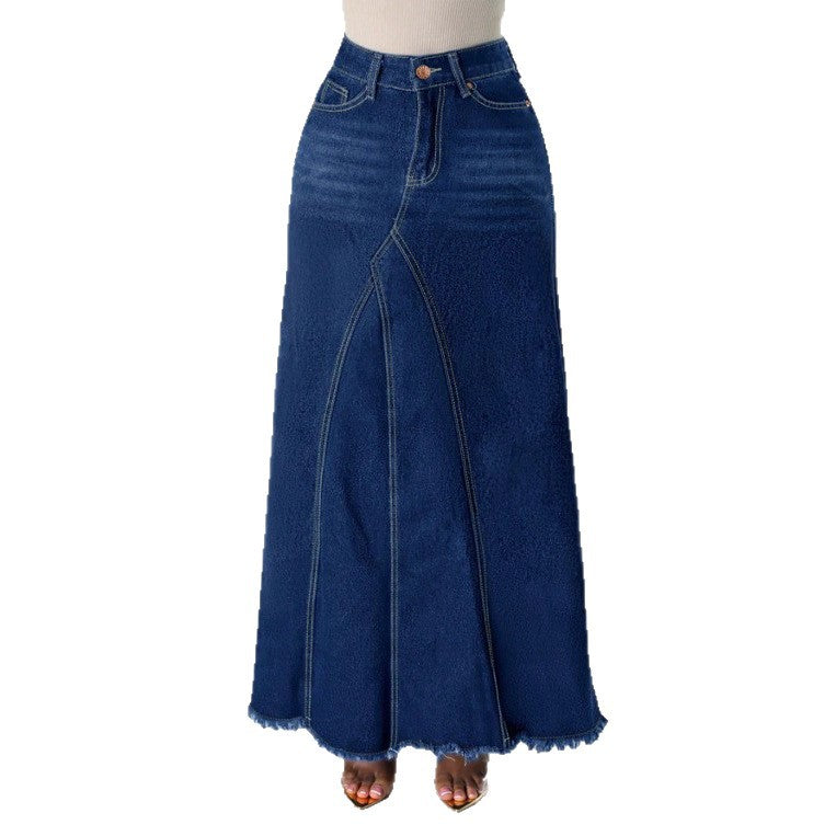 Damen taillenhoher A‑Linien Denim‑Maxirock mit dekorativen Nähten und rohem Fransen Saum Shop Nory