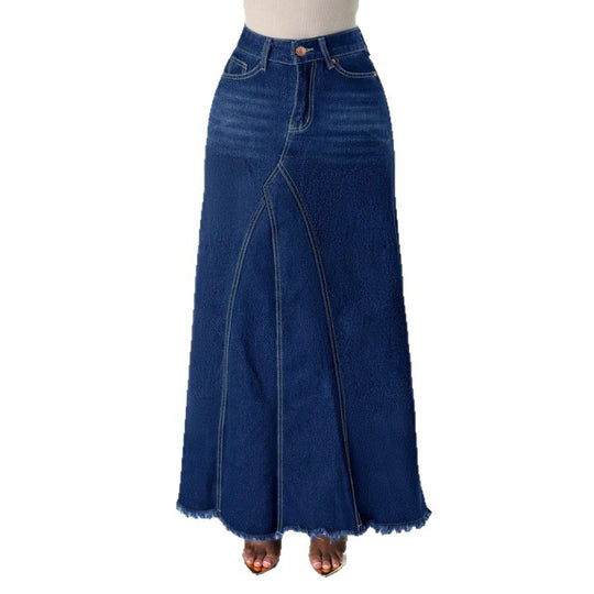 Damen taillenhoher A‑Linien Denim‑Maxirock mit dekorativen Nähten und rohem Fransen Saum Shop Nory
