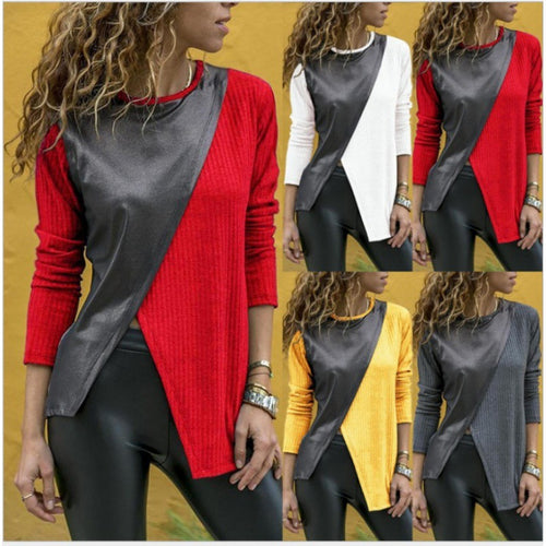 Damen Asymmetrisches Longsleeve mit Lederoptik‑Overlay und Rippstrick Shop Nory