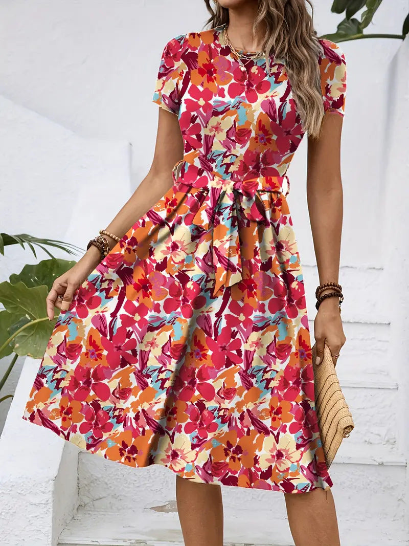 Damen Elegantes Midikleid mit floralem Design und Taillengürtel Shopnory