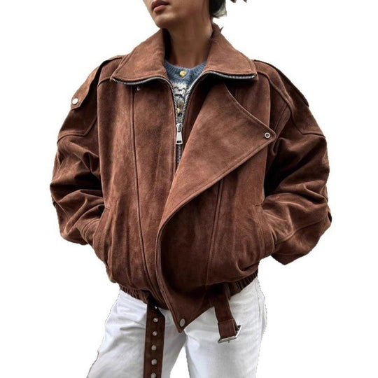 Damen Oversized Veloursleder-Blouson mit asymmetrischem Reißverschluss und Taillengürtel Shop Nory