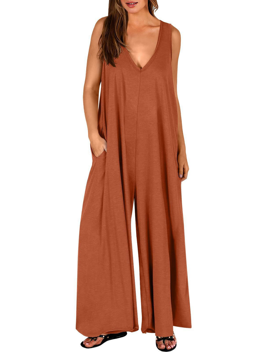 Damen weit geschnittene Jumpsuit mit V-Ausschnitt
