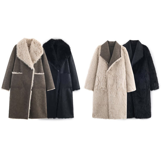 Damen Langer Wendbarer Kunstfell-Mantel mit Oversized-Schalkragen und aufgesetzten Taschen Shop Nory