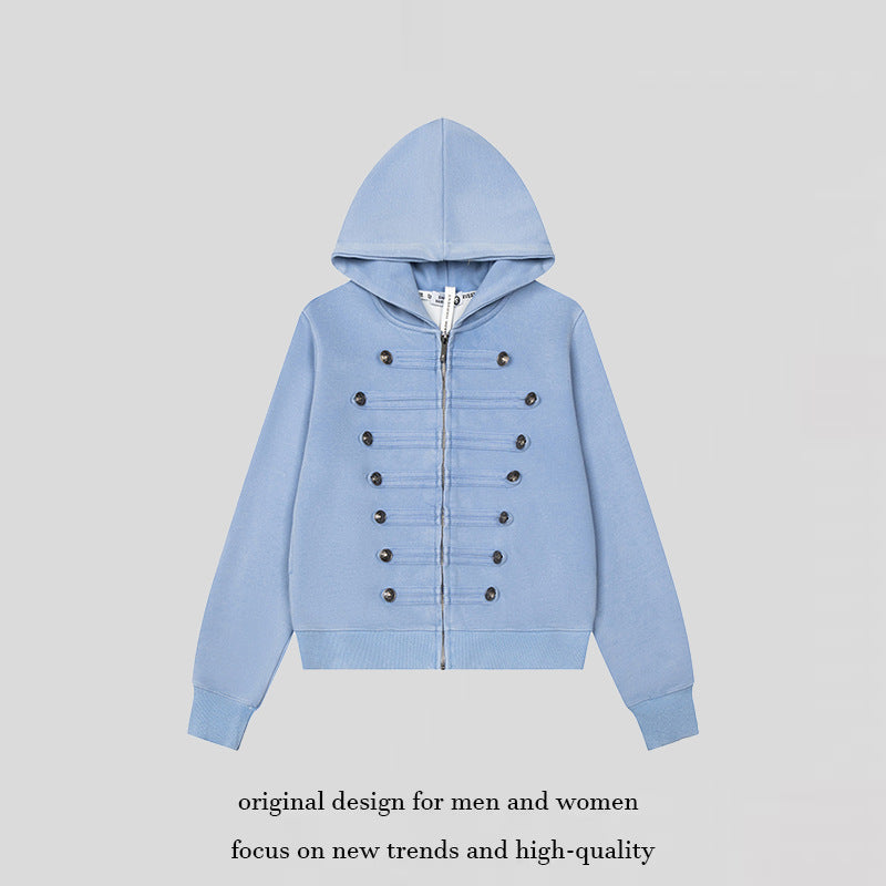 Damen Kapuzen-Sweatjacke mit militärischer Knopfverzierung und durchgehendem Reißverschluss Shop Nory