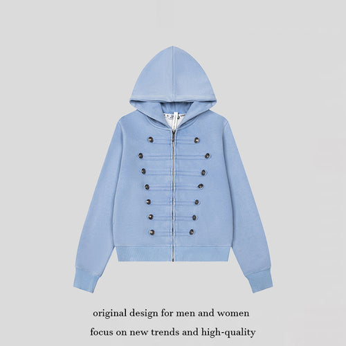 Damen Kapuzen-Sweatjacke mit militärischer Knopfverzierung und durchgehendem Reißverschluss Shop Nory