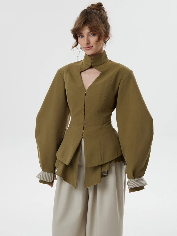 Damen taillierte Jacke mit Stehkragen, Cut-Out und Ballonärmeln Shop Nory