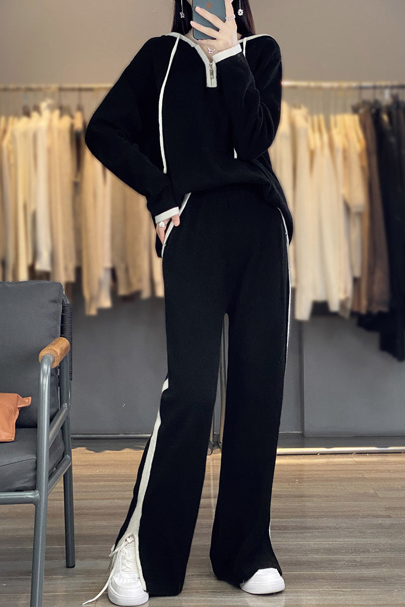Damen Strick-Relax-Set mit Kapuze, weitem Bein und seitlichem Kontraststreifen Shop Nory