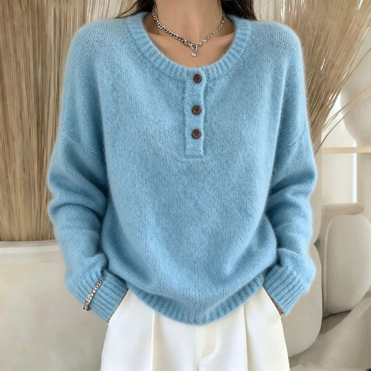 Damen Kuscheliger Rundhals-Henley-Pullover mit Knopfleiste und Raglanärmeln Shop Nory