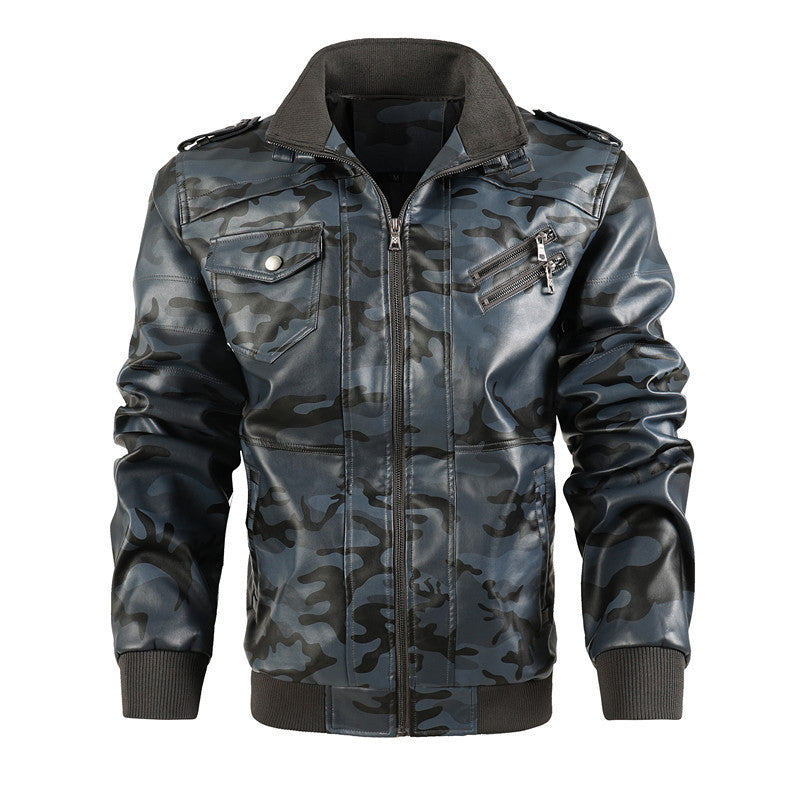 Herren Camouflage-Kunstleder-Bomberjacke im Pilotenstil mit Rippbündchen und Zipper-Taschen Shop Nory