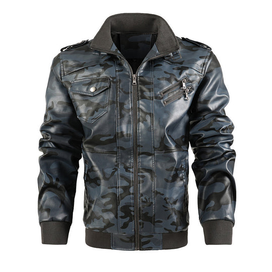 Herren Camouflage-Kunstleder-Bomberjacke im Pilotenstil mit Rippbündchen und Zipper-Taschen Shop Nory