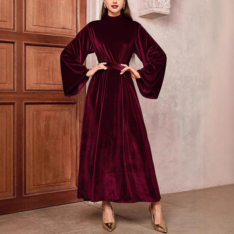 Damen Maxikleid aus Samt mit Stehkragen, weitem Glockenärmel und Taillengürtel Shop Nory