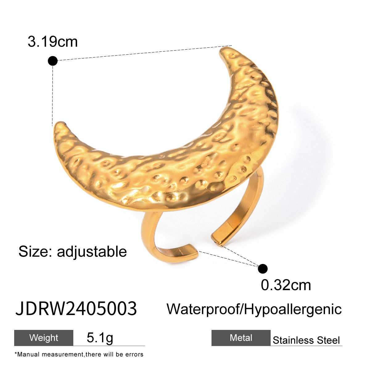 Damen Offener Ring mit strukturiertem Monddesign aus hypoallergenem Edelstahl Shop Nory