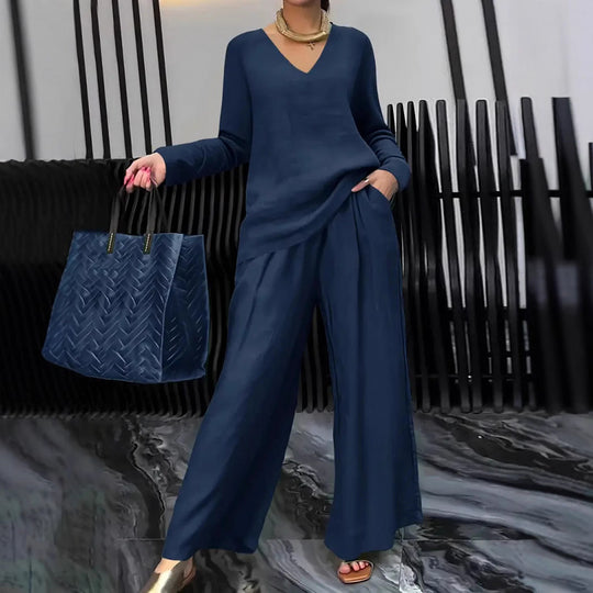 Damen Feiner V-Ausschnitt Strickpullover mit fließender Palazzo-Hose Shop Nory