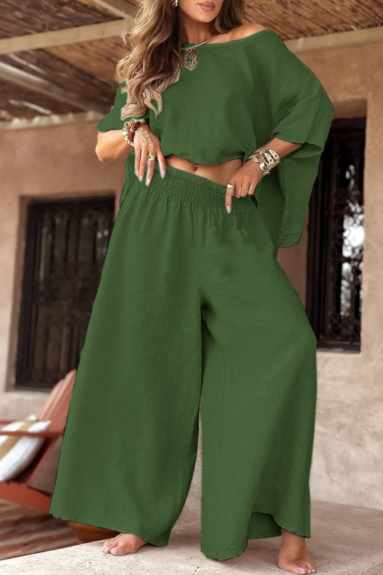 Damen Leichter Leinen-Zweiteiler mit Cropped Oversize-Top und Smokbund-Palazzohose Shop Nory