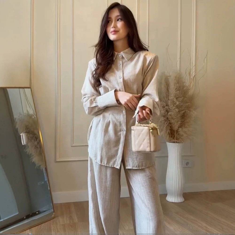 Damen Leichtes Leinen-Loungewear-Set mit Oversize-Hemd und weiter Bundhose Shop Nory