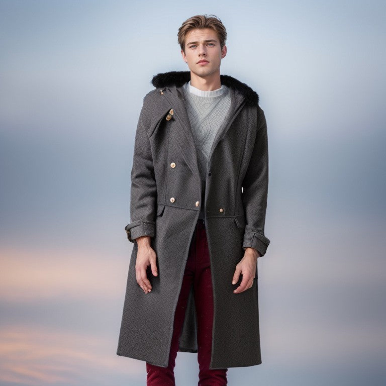 Herren elegante Wolljacke mit kunstfellkragen