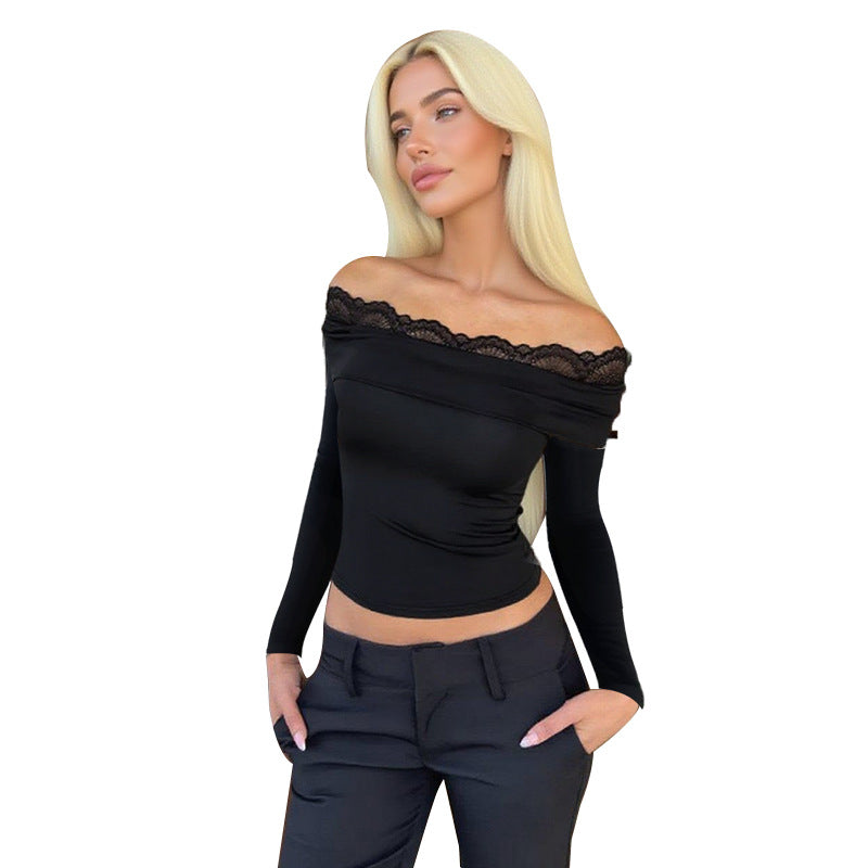 Damen Off-Shoulder Langarm-Top mit Spitzenbesatz und figurbetonter Silhouette Shop Nory