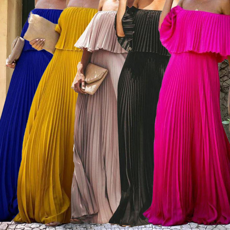 Damen Maxikleid mit asymmetrischem Plisseefall und schulterfreiem Design